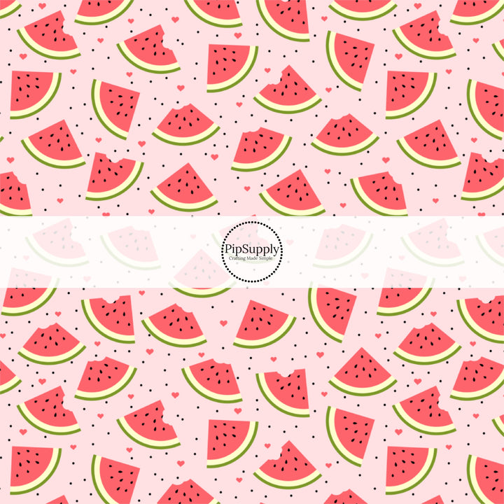 These fruit fabric by the yard features watermelon slices surrounded by tiny watermelon seeds and hearts. This fun pattern fabric can be used for all your sewing and crafting needs!