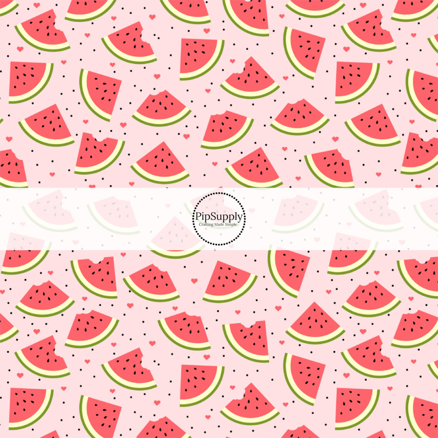 These fruit fabric by the yard features watermelon slices surrounded by tiny watermelon seeds and hearts. This fun pattern fabric can be used for all your sewing and crafting needs!