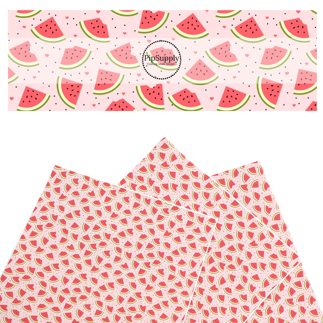 These fruit themed faux leather sheets contain the following design elements: watermelon slices surrounded by tiny watermelon seeds and hearts. Our CPSIA compliant faux leather sheets or rolls can be used for all types of crafting projects.