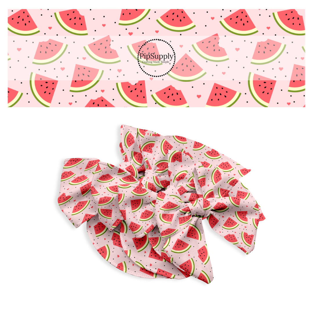 These fruit themed no sew bow strips can be easily tied and attached to a clip for a finished hair bow. These bow strips are great for personal use or to sell. These bow strips feature the following design elements: watermelon slices surrounded by tiny watermelon seeds and hearts.