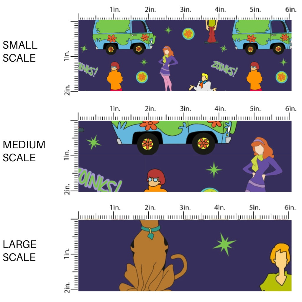 This scale chart of small scale, medium scale, and large scale of these Halloween themed pattern fabric by the yard features the following design elements: Halloween movie themed pattern featuring a crime solving team and their dog. This fun spooky themed fabric can be used for all your sewing and crafting needs!