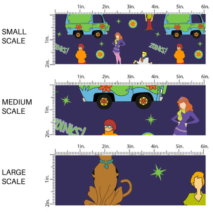 This scale chart of small scale, medium scale, and large scale of these Halloween themed pattern fabric by the yard features the following design elements: Halloween movie themed pattern featuring a crime solving team and their dog. This fun spooky themed fabric can be used for all your sewing and crafting needs!