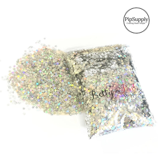 Bag of Silver holographic stars with pink and purple hues.
