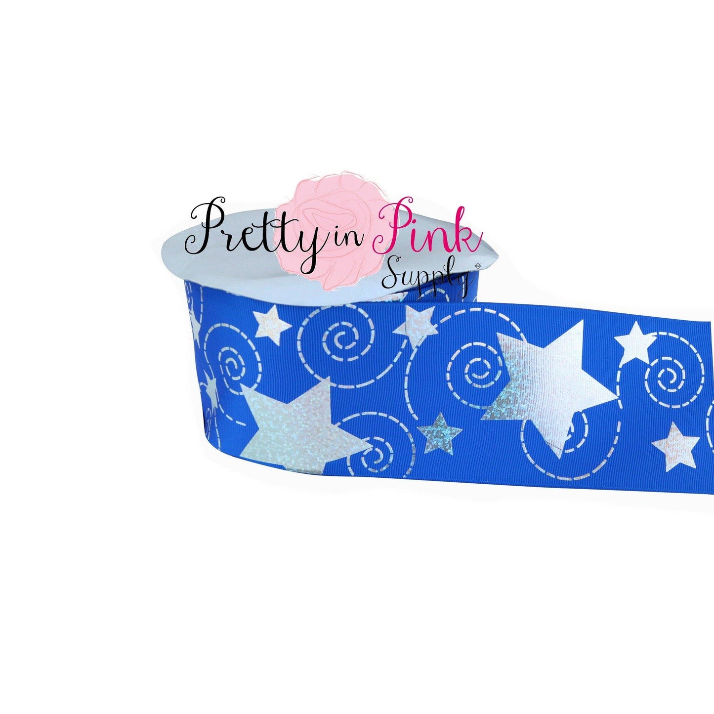3" Royal Blue Silver Holographic Star Grosgrain RIBBON - Pretty in Pink Supply