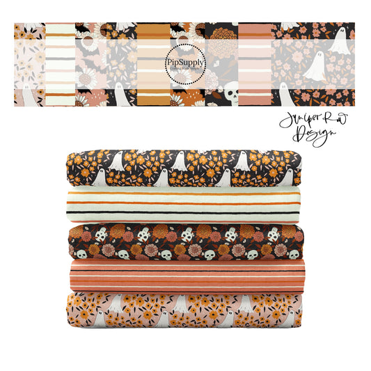 Black, orange, and cream ghost floral high quality fabric adaptable for all your crafting needs. Make cute baby headwraps, fun girl hairbows, knotted headbands for adults or kids, clothing, and more!