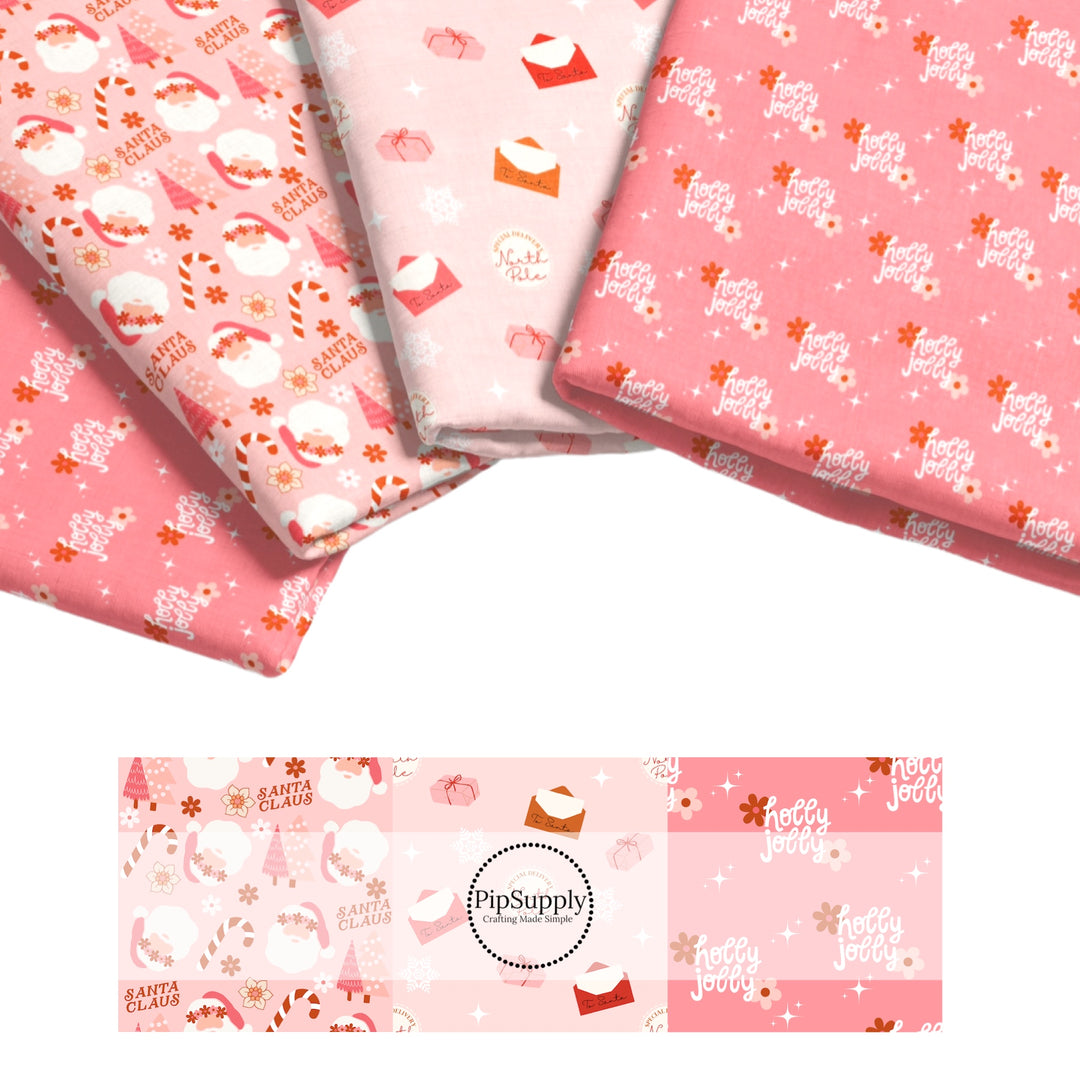 Pink Christmas pattern fabric adaptable for all your crafting needs. Make cute baby headwraps, fun girl hairbows, knotted headbands for adults or kids, clothing, and more!