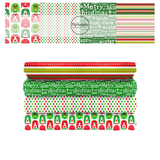 Red, white, and green dots, stripes, sweaters, and "Merry Christmas" pattern high quality fabric adaptable for all your crafting needs. Make cute baby headwraps, fun girl hairbows, knotted headbands for adults or kids, clothing, and more!