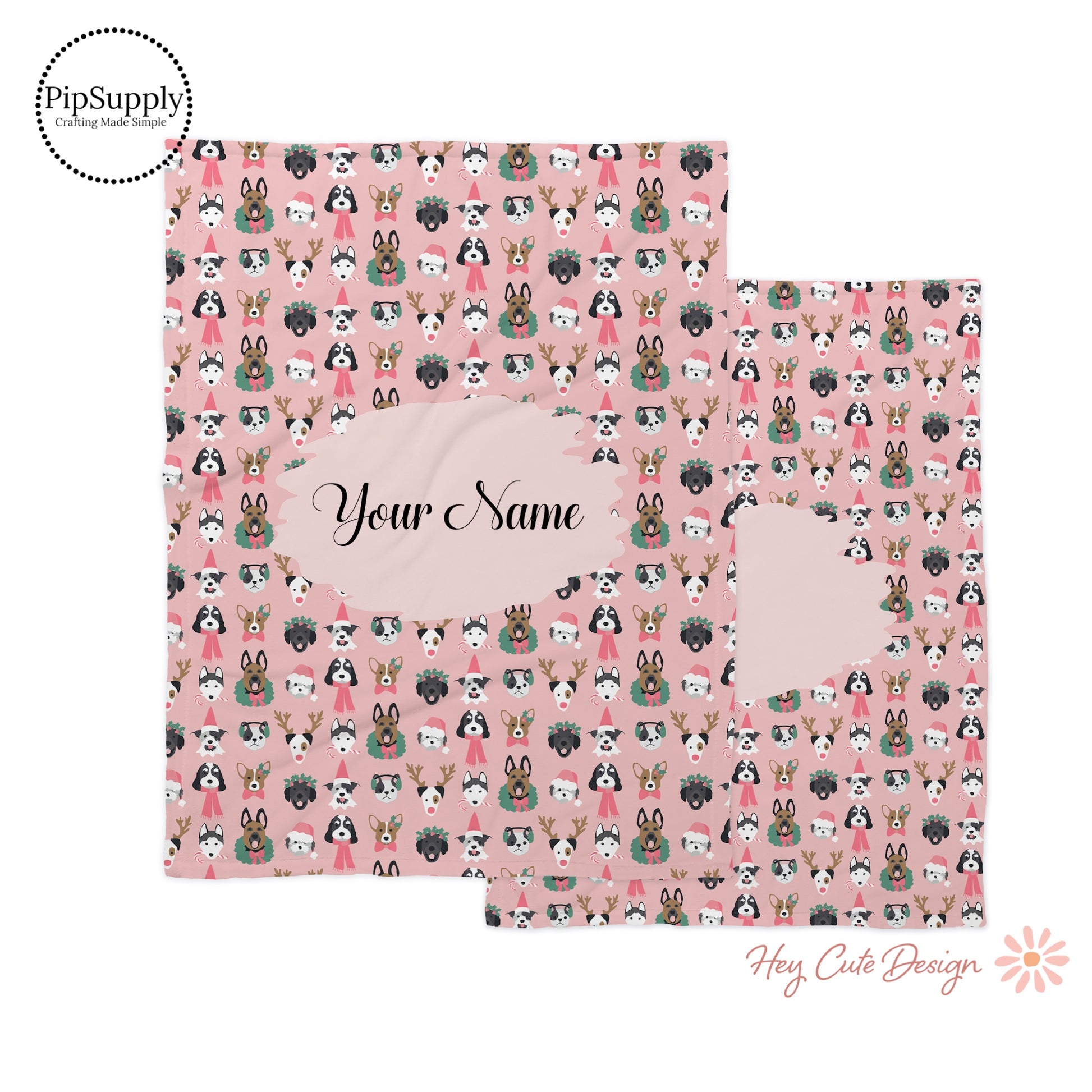 pink soft custom name blanket with christmas dogs