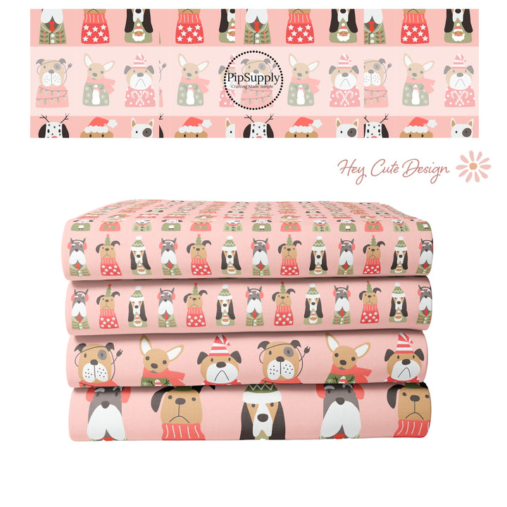 Christmas Fabric By The Yard | Holiday Pups Pink | Coral Christmas