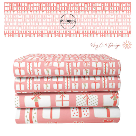 Christmas Fabric By The Yard | Presents on Pink | Coral Christmas