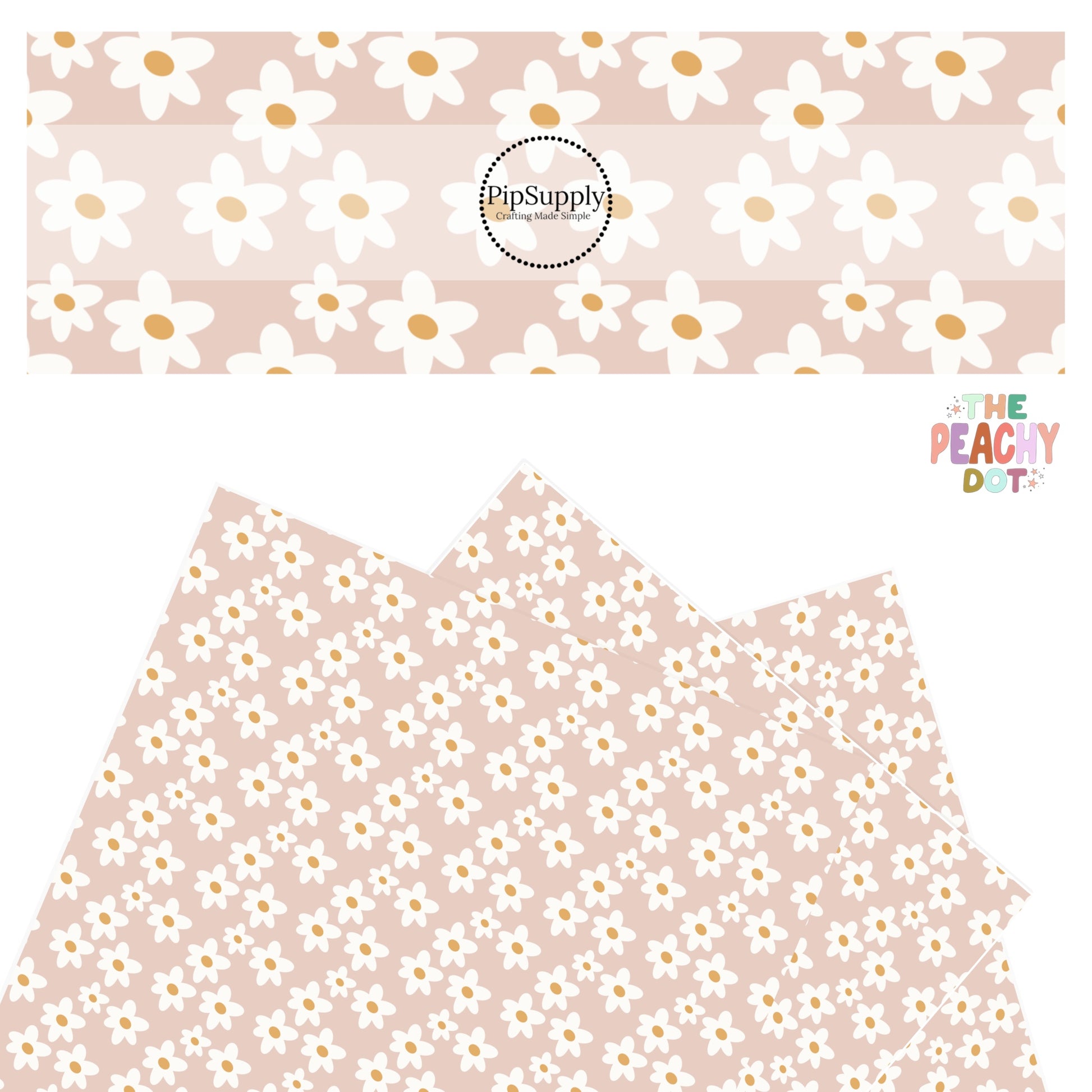 White Daisies Faux Leather Sheet - Floral on Pink Faux Leather