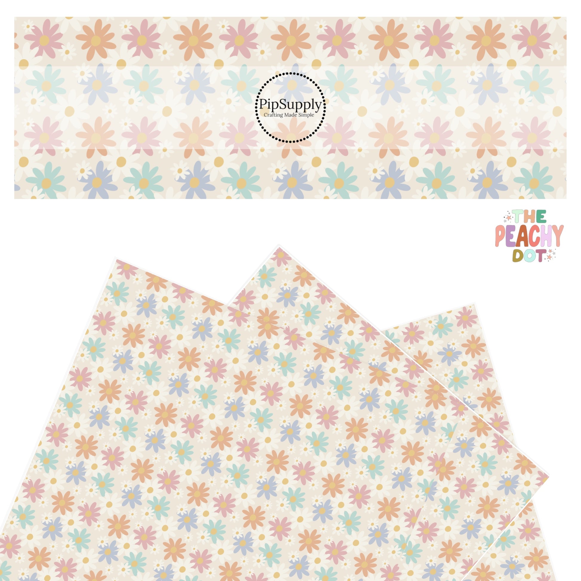 Pink, blue, green, white daisies on a cream faux leather sheet.
