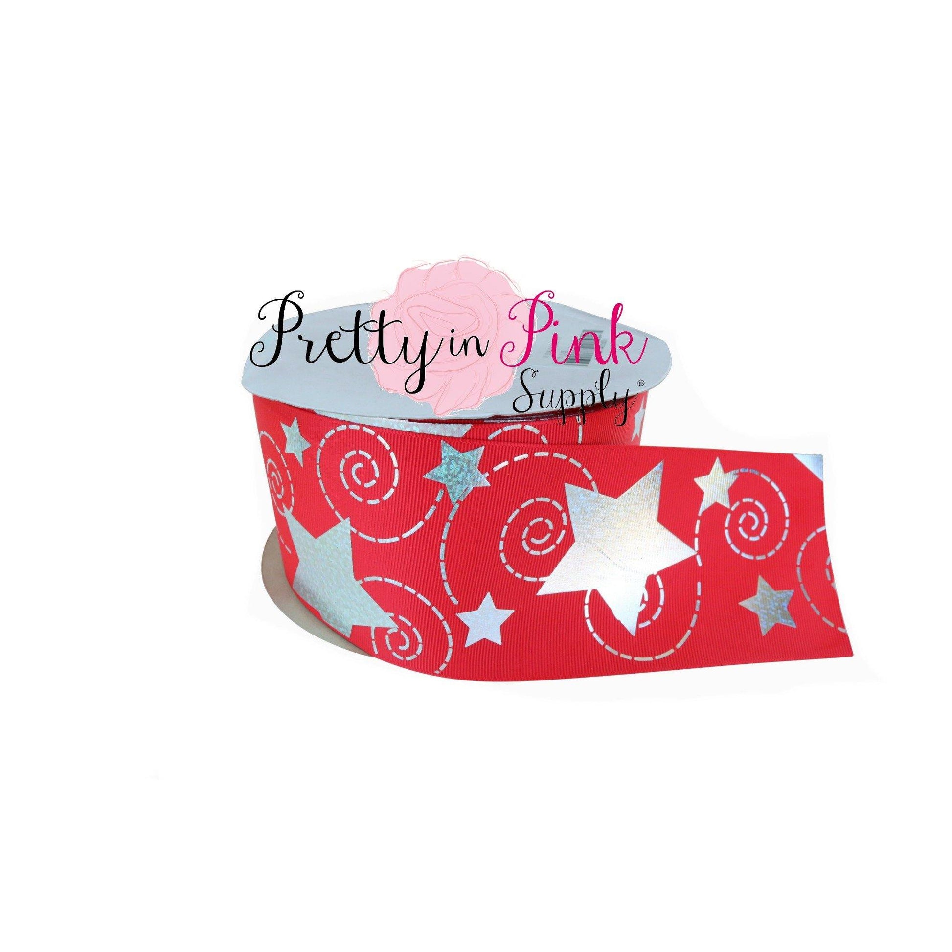3" Red Silver Holographic Star Grosgrain RIBBON - Pretty in Pink Supply