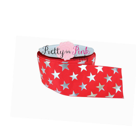 3" Red Silver Star Grosgrain RIBBON - Pretty in Pink Supply