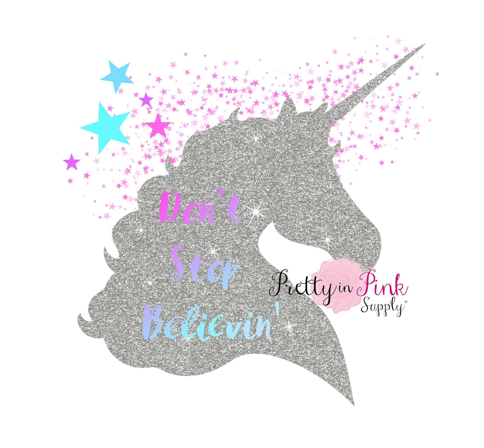 "Don't Stop Believin" Unicorn HEAD Vinyl Glitter Iron On - Pretty in Pink Supply