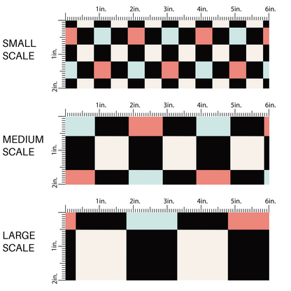 Black patriotic checkered small, medium and large, light red and blue scale fabric.