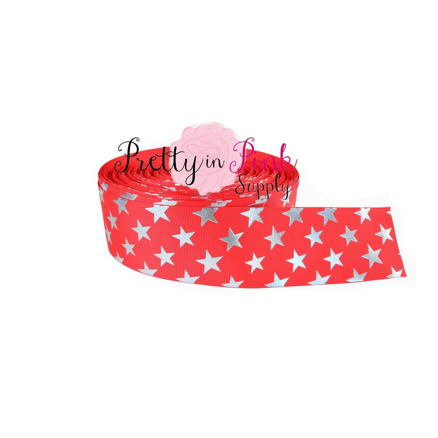 2" Red Silver Star Grosgrain Ribbon - Pretty in Pink Supply