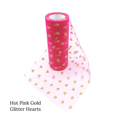 Hot pink mesh tulle with gold glitter hearts