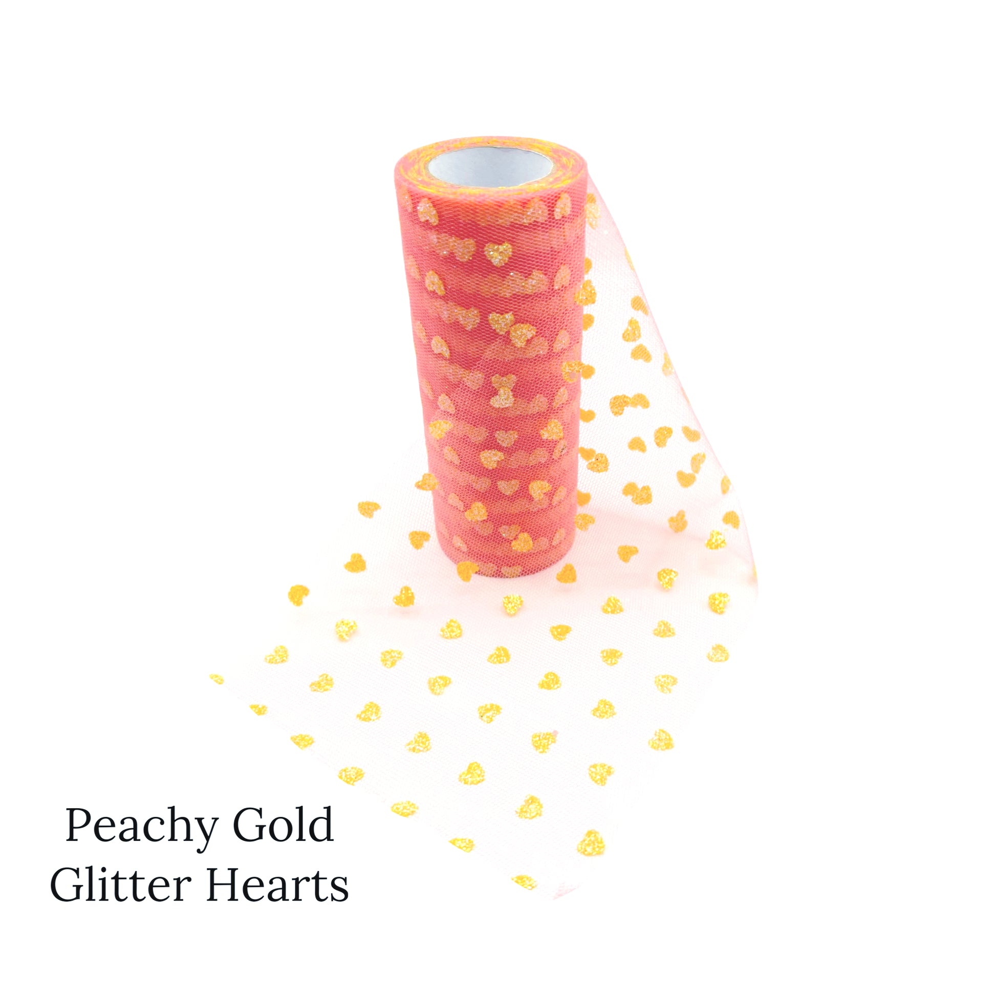 Peachy Pink Mesh tulle with gold glitter hearts