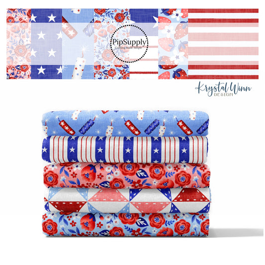 This 4th of July fabric by the yard features red, white and blue patriotic patterns. This fun patriotic themed fabric can be used for all your sewing and crafting needs.