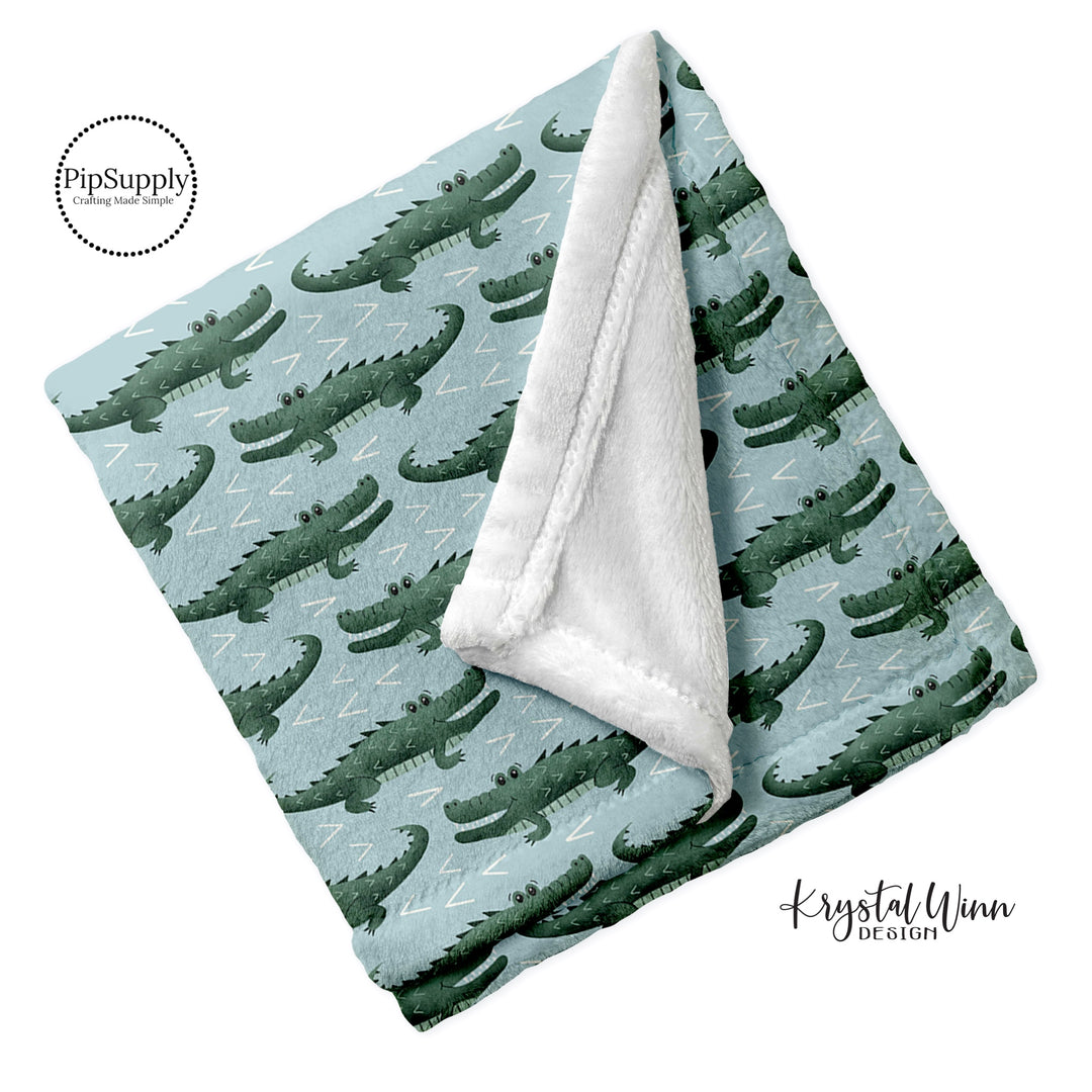 Custom Printed Alligator Minky Blanket - Light Blue Blanket with Green Gators