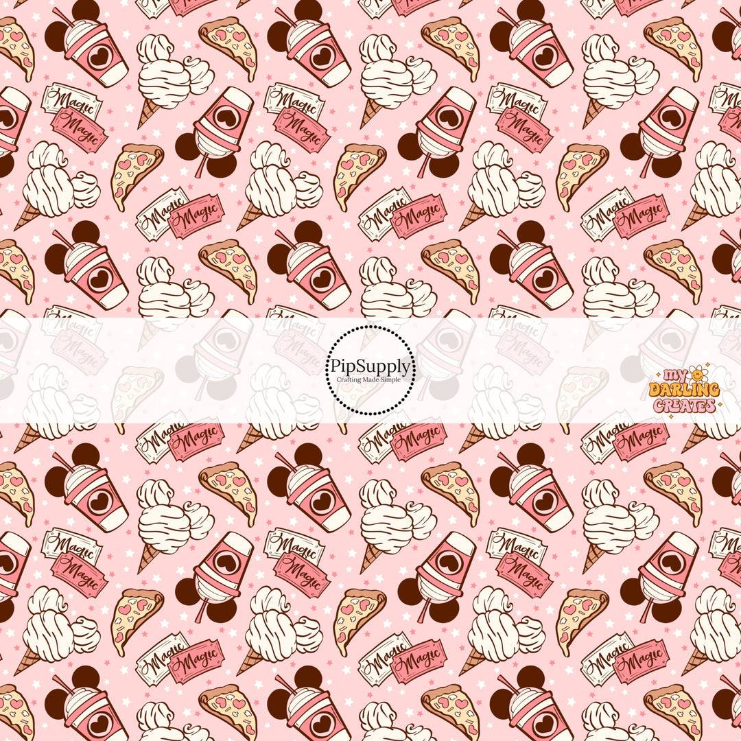 Pink fabric by the yard with stars and mouse snacks.