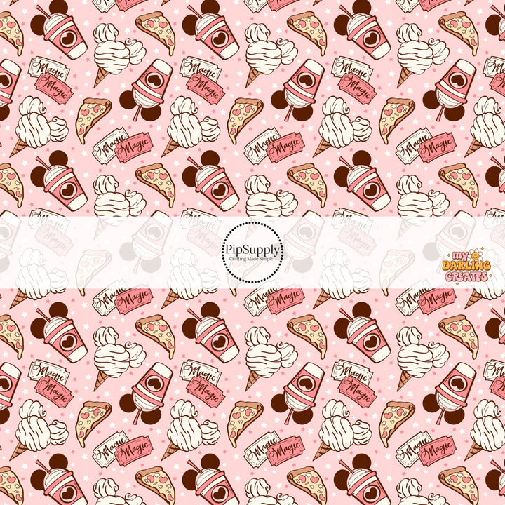 Pink fabric by the yard with stars and mouse snacks.