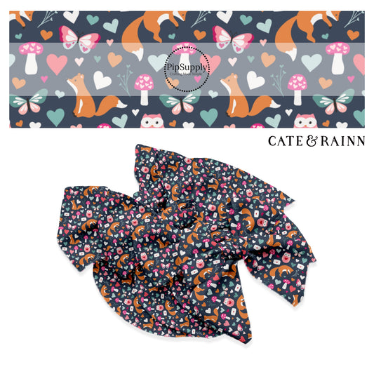 Orange fox, pink owl with red heart, pink and blue butterfly with hearts, and pink heart mushrooms with blue, pink, and orange hearts on navy blue bow strips