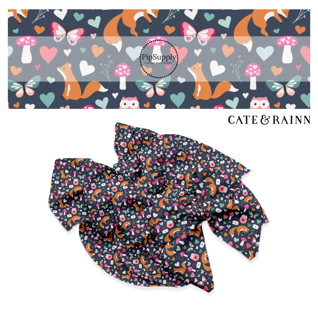 Orange fox, pink owl with red heart, pink and blue butterfly with hearts, and pink heart mushrooms with blue, pink, and orange hearts on navy blue bow strips