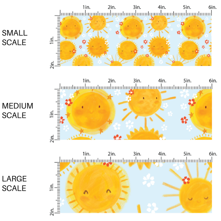 Animated yellow suns on light blue fabric by the yard scaled image guide with white and red floral prints.