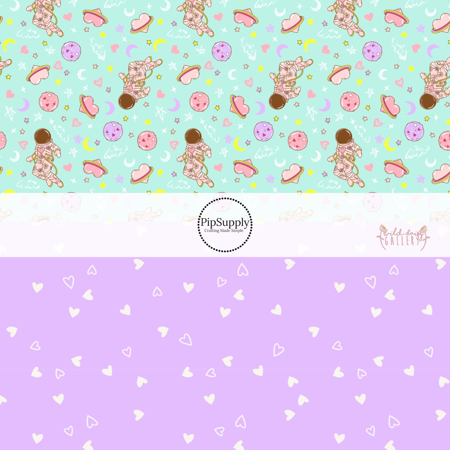 Pink Astronauts Stars an Moons on Aqua Fabric by the yard - Lavender Fabric with Mini White Hearts by the Yard