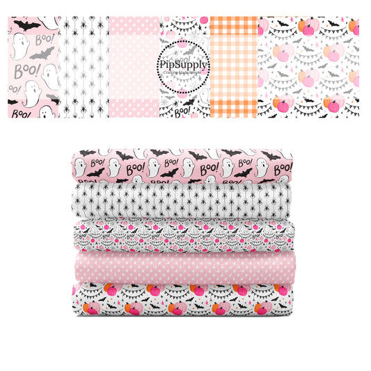 Pink, cream, and orange ghost, bats, pumpkins, and plaids pattern high quality fabric adaptable for all your crafting needs. Make cute baby headwraps, fun girl hairbows, knotted headbands for adults or kids, clothing, and more!