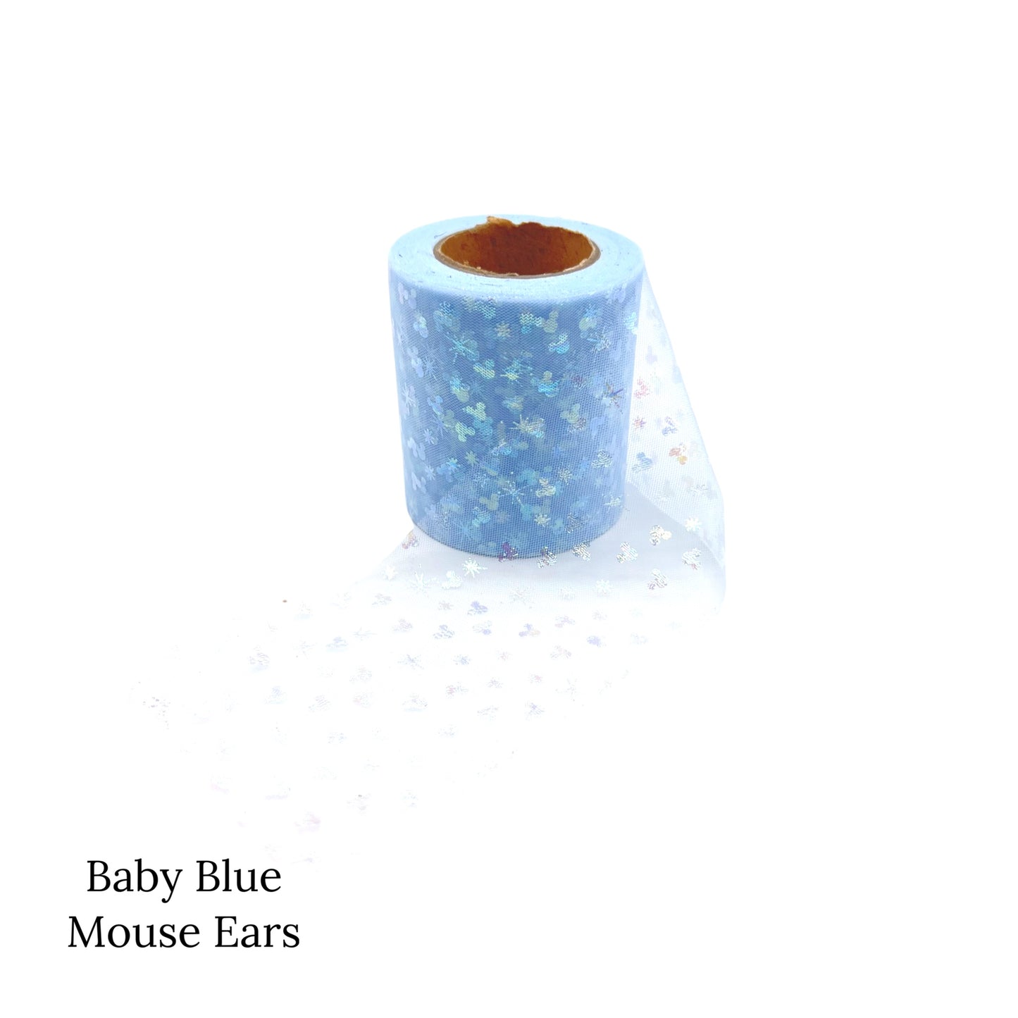 Roll of baby blue tulle with iridescent mouse ears and stars