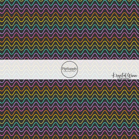 Black fabric with rainbow colored wavy stripes - Krystal Winn Design Fabric by the Yard 