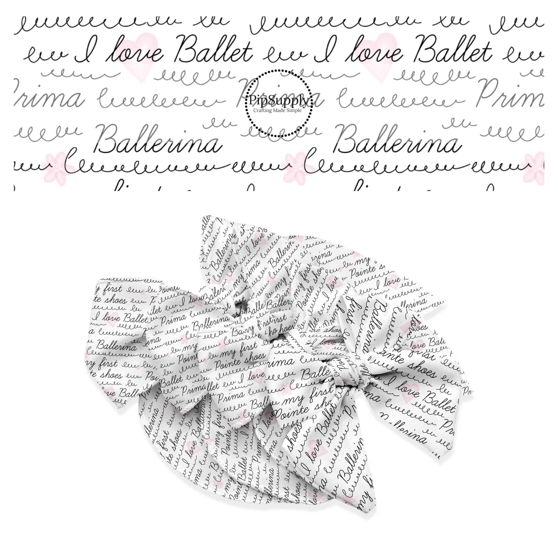 "I love ballet" written in cursive black on white bow strips