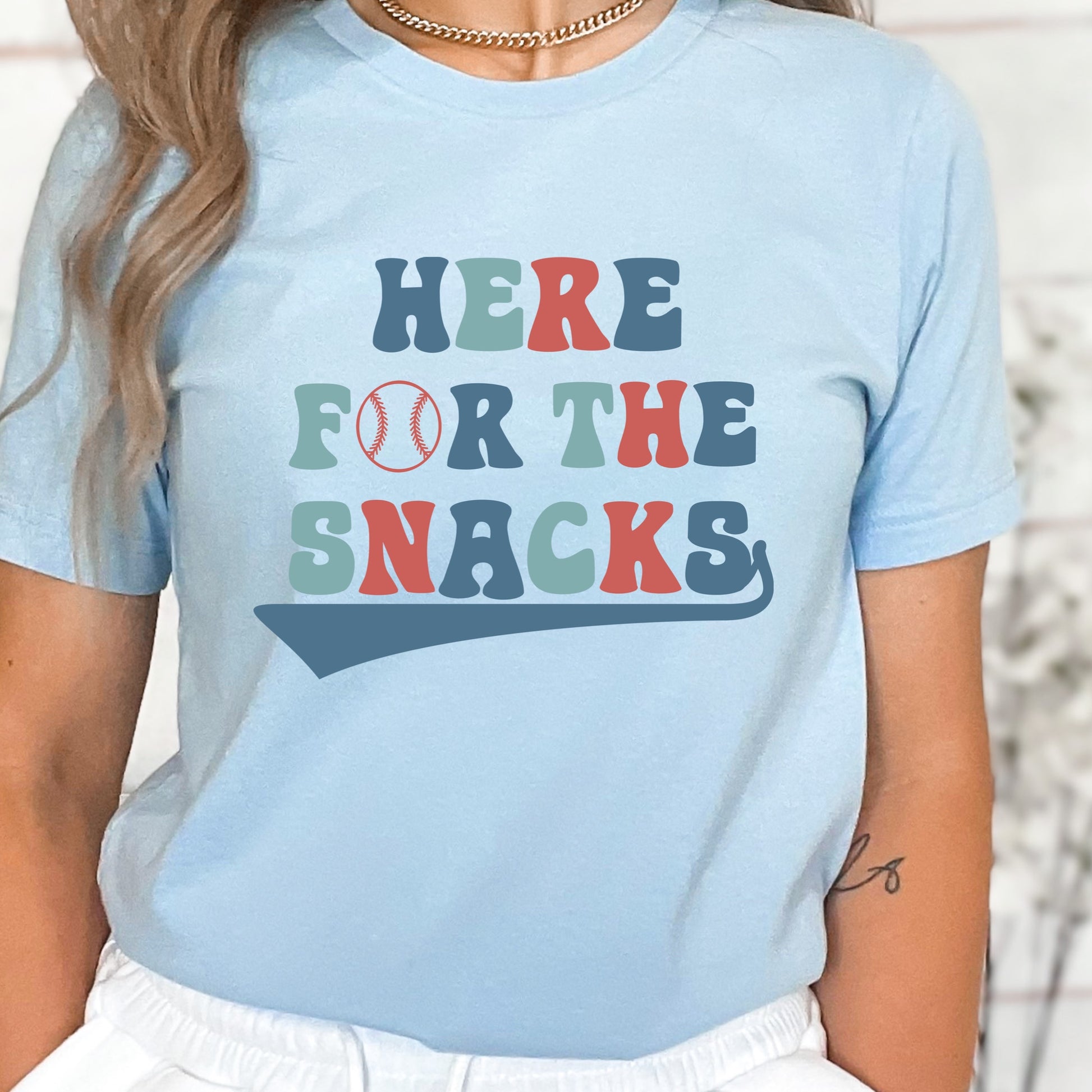 Red and Blue "Here for the snacks" baseball iron on heat transfer.