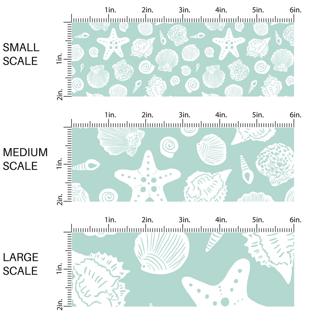 Aqua Fabric by the yard scaled image guide with white seashells.