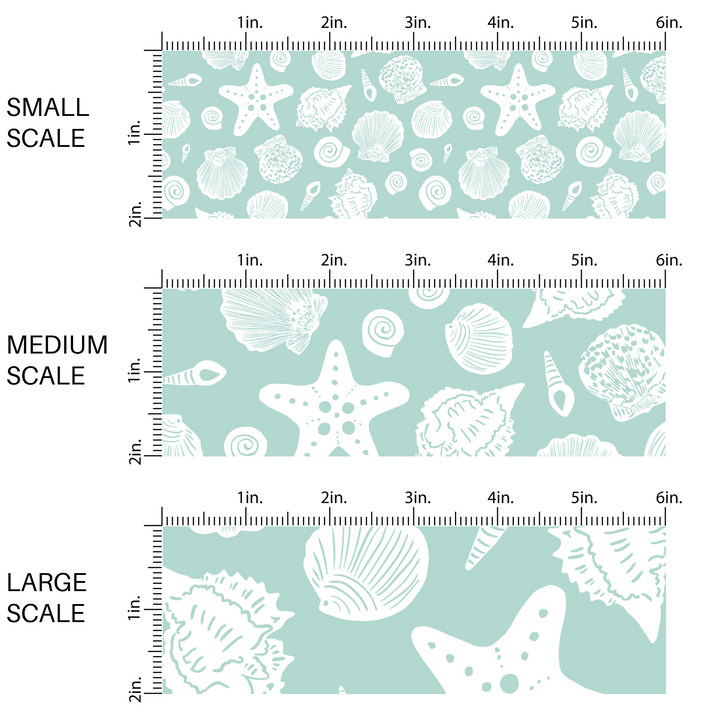 Aqua Fabric by the yard scaled image guide with white seashells.