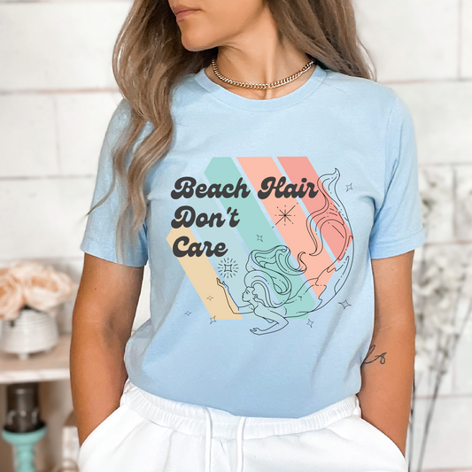 Mermaid Iron on heat transfer with the phrase "Beach hair don't care"