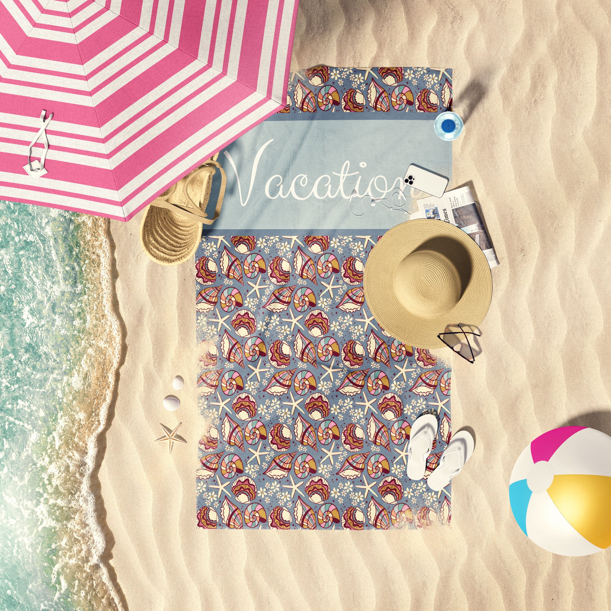 Retro Seashell Personalized Beach Towel Groovy Seashells Blue