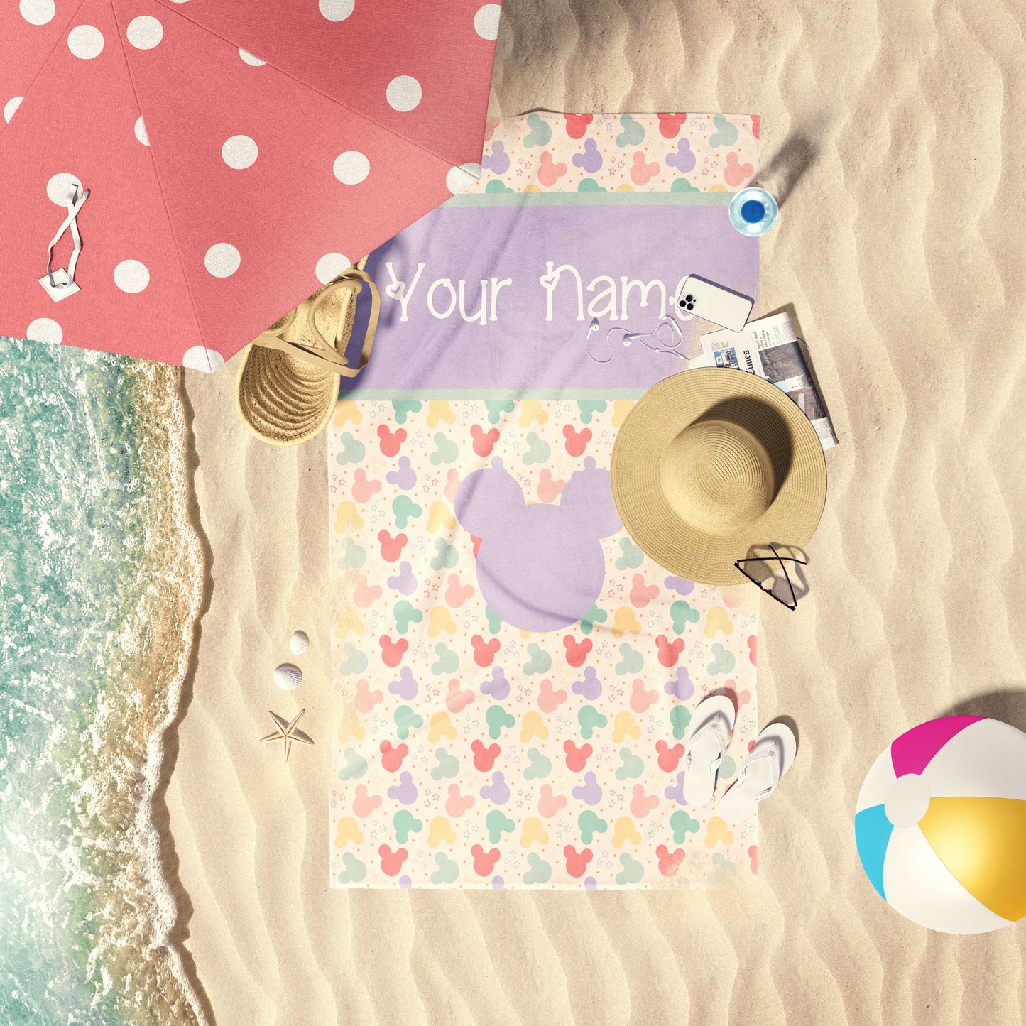 Cream Beach Towel with Lavender, Coral, Pink and Mint Mouse Heads and Tiny Stars - Personalized Beach Towe Custom Printed Beach Towel 