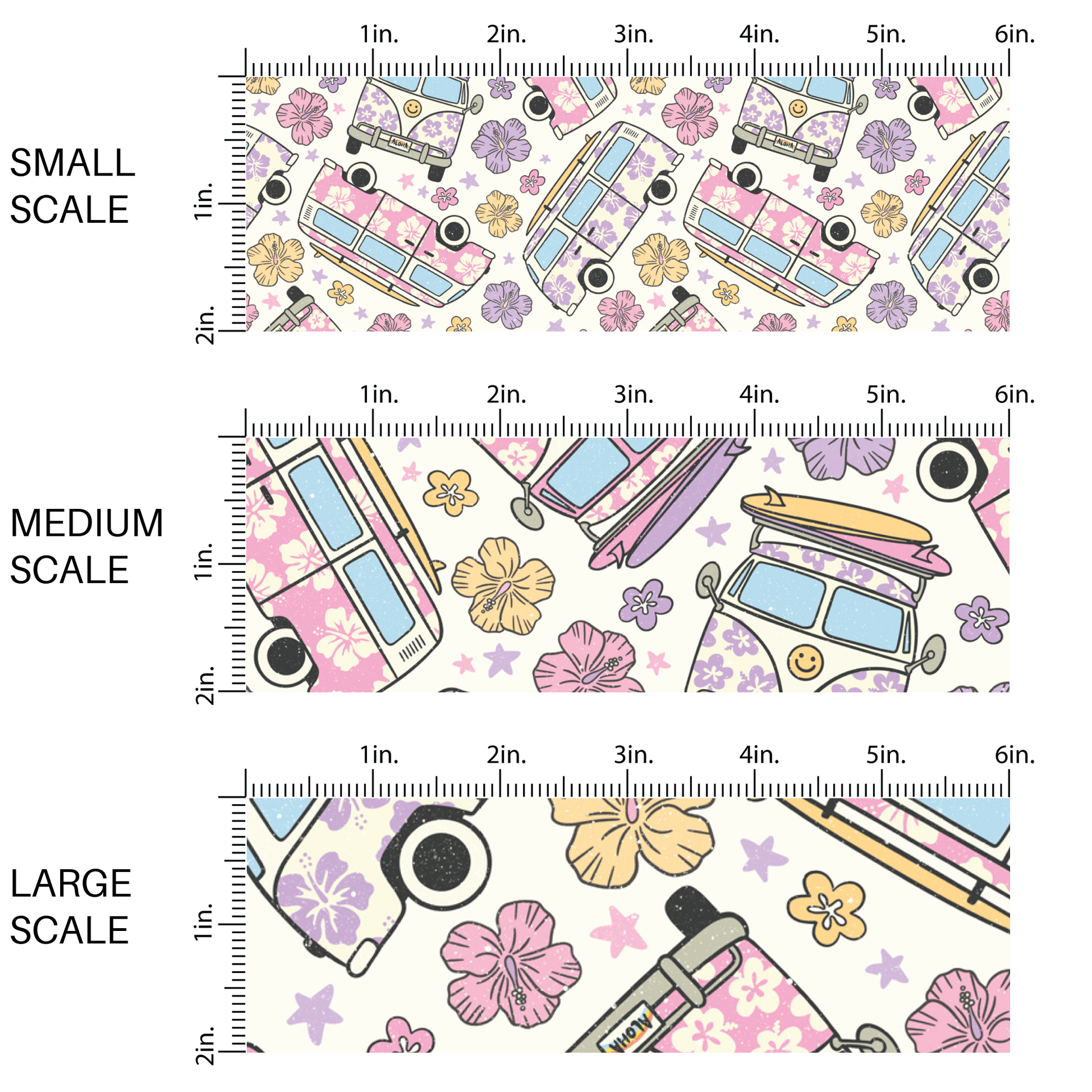 White fabric by the yard scaled image guide with pink and purple beach vans, hibiscus plants, and stars.