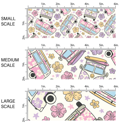 White fabric by the yard scaled image guide with pink and purple beach vans, hibiscus plants, and stars.