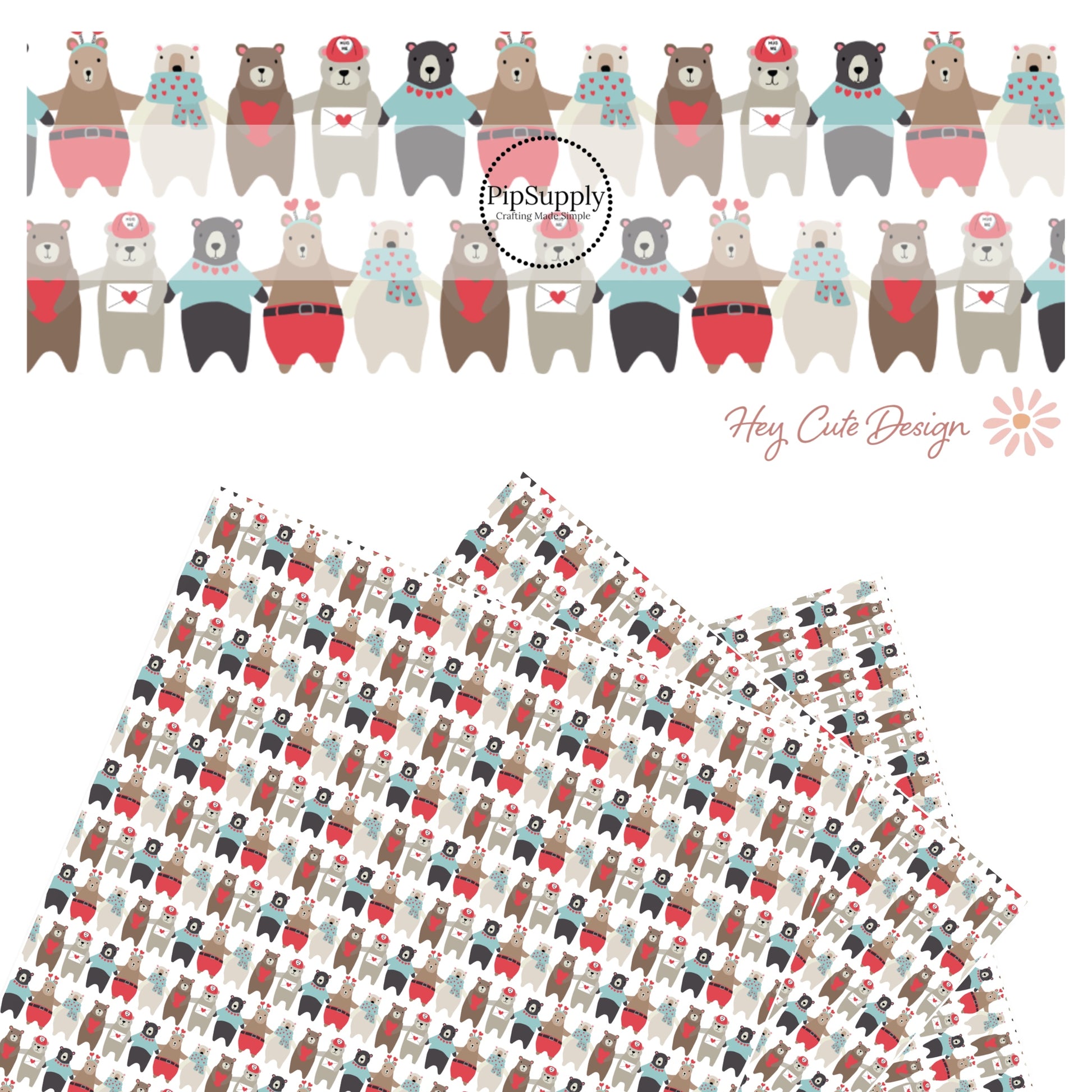 White bear with blue scarf with red hearts, black bear with blue sweater, and brown bear with red shorts and heart headband on white faux leather sheet