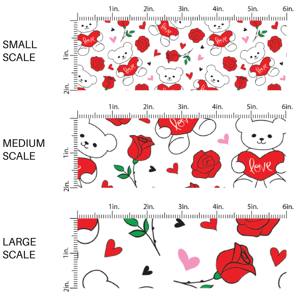 White Fabric with animated bear holding roses image guide fabric by the yard 