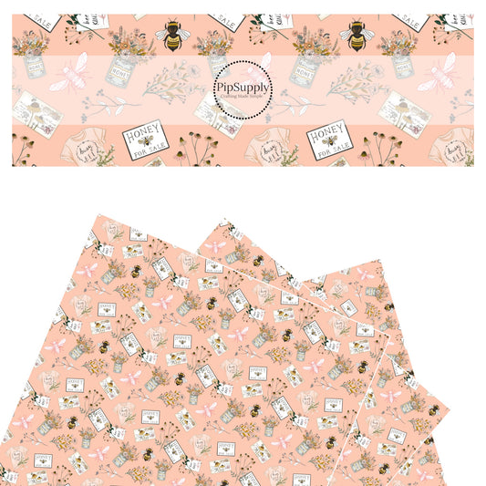 Light pink, honeybees and wildflower cluster faux leather sheet.
