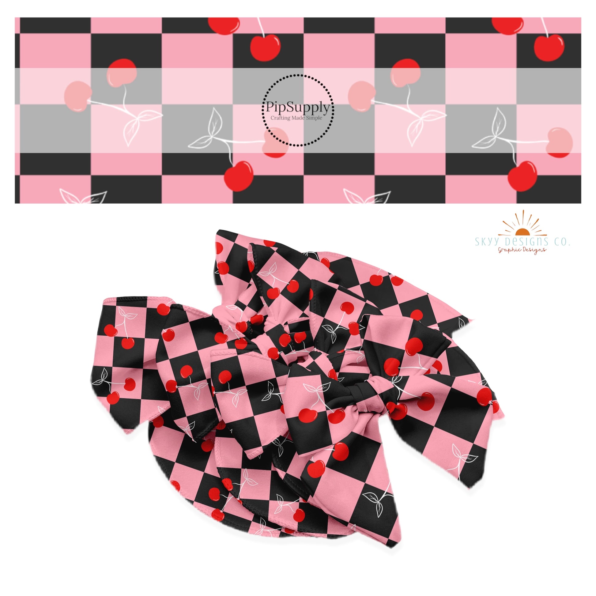Bubble pink and black checker with red cherries on bow strips