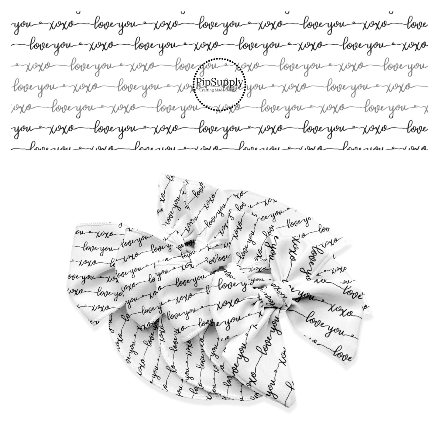 Black cursive valentine words writing on white bow strips