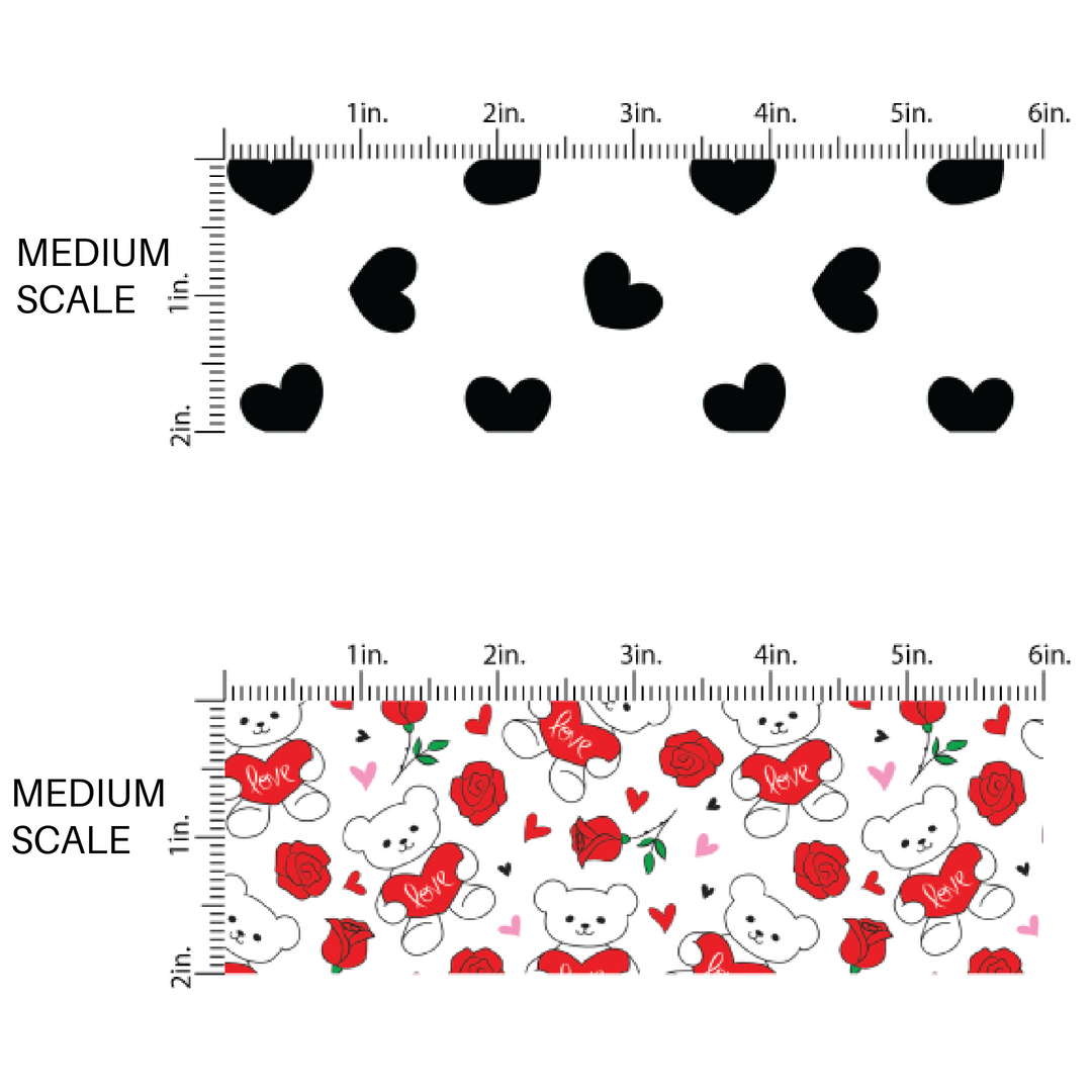 Medium Scaling Fabric by the Yard - Valentine's Day Teddy Bear, Red Love Heart, Red Roses on a White Background Fabric.