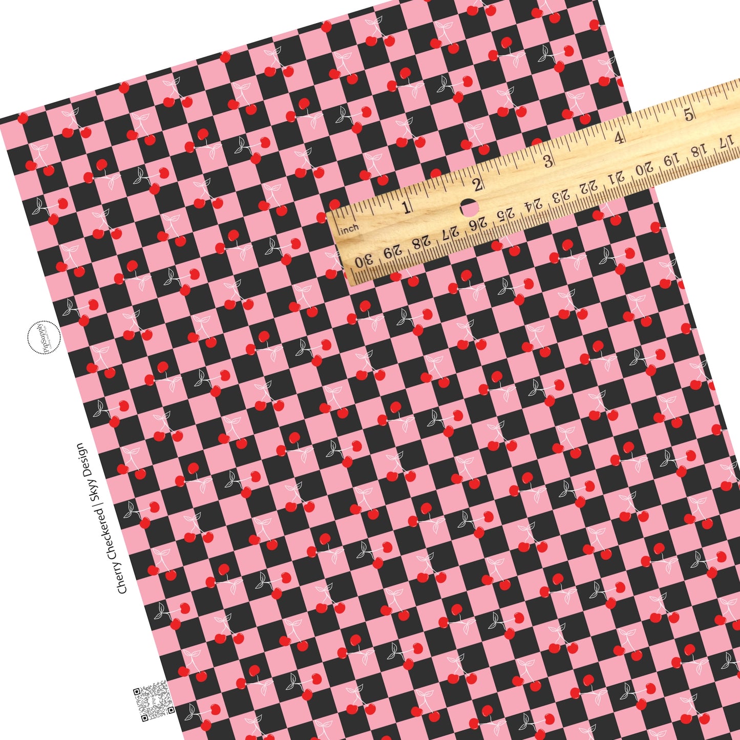 Red cherries on pink and black checkered bow strips faux leather sheet
